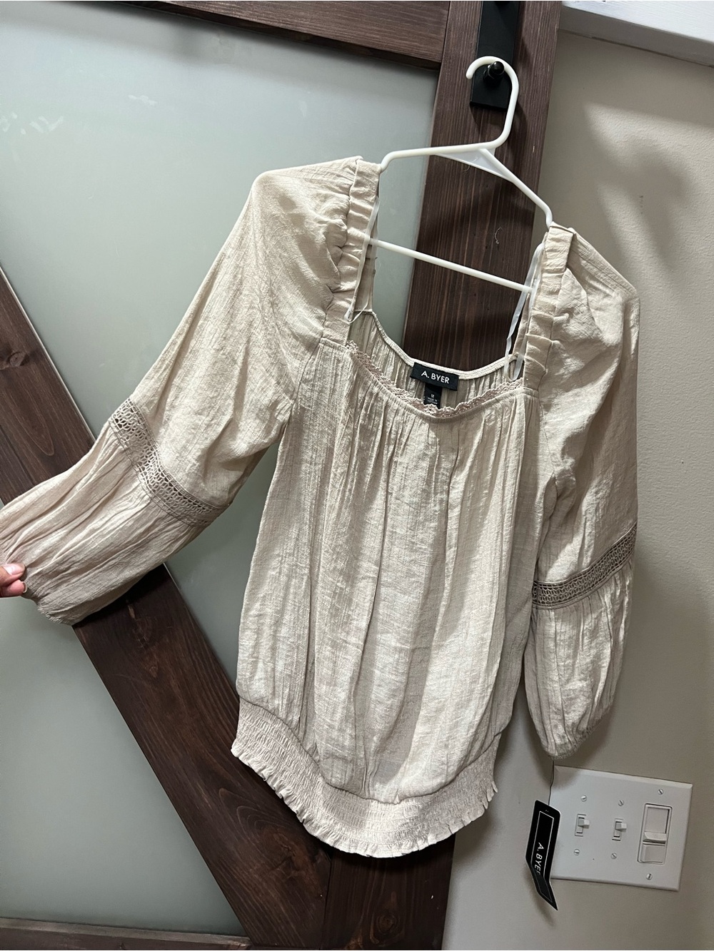 A. Byer Cream Boho Peasant Top with Lace Insets